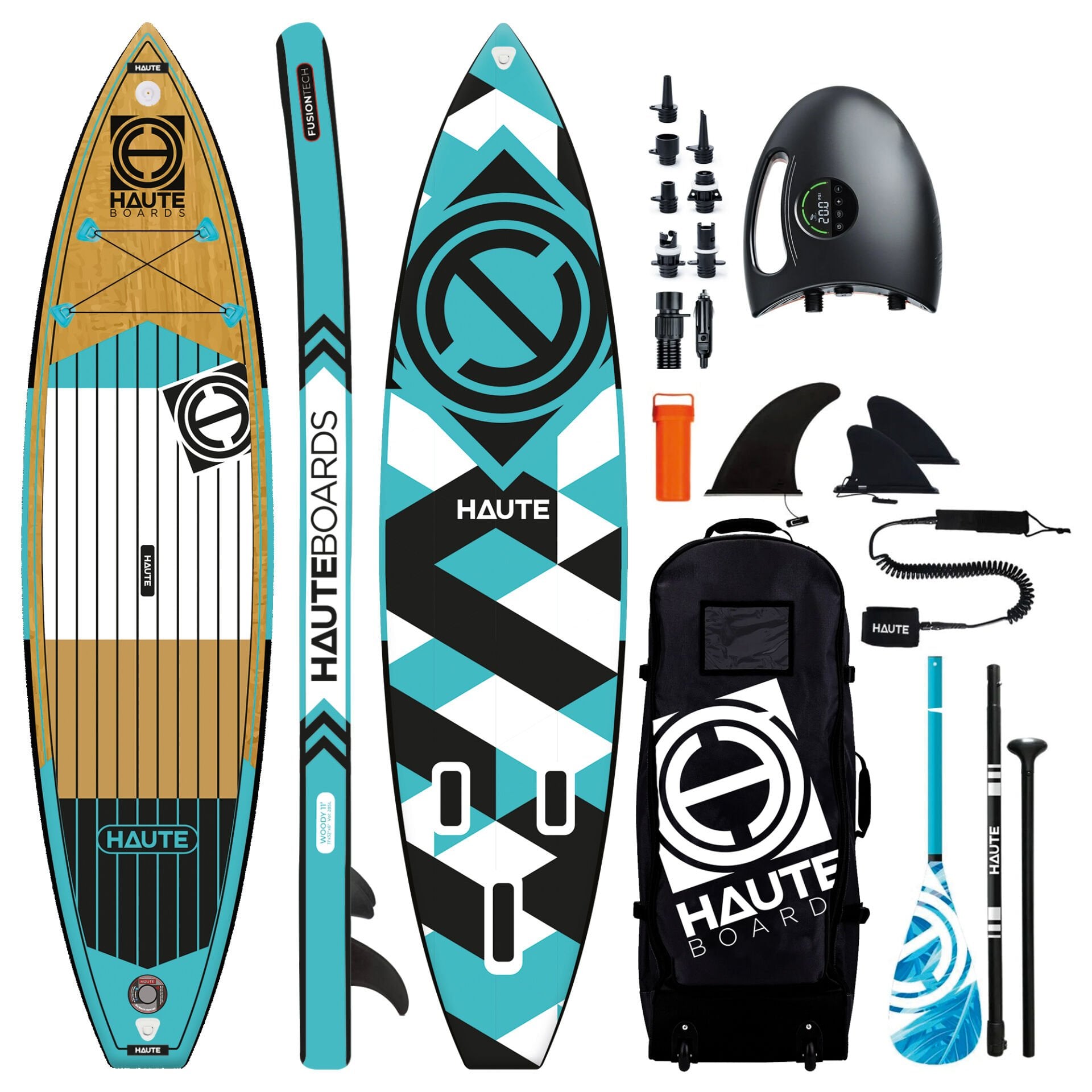Haute Woody 11' Şişme Sup Paddle Board (Kürek Sörfü) + Shark II S Elektrikli Pompa